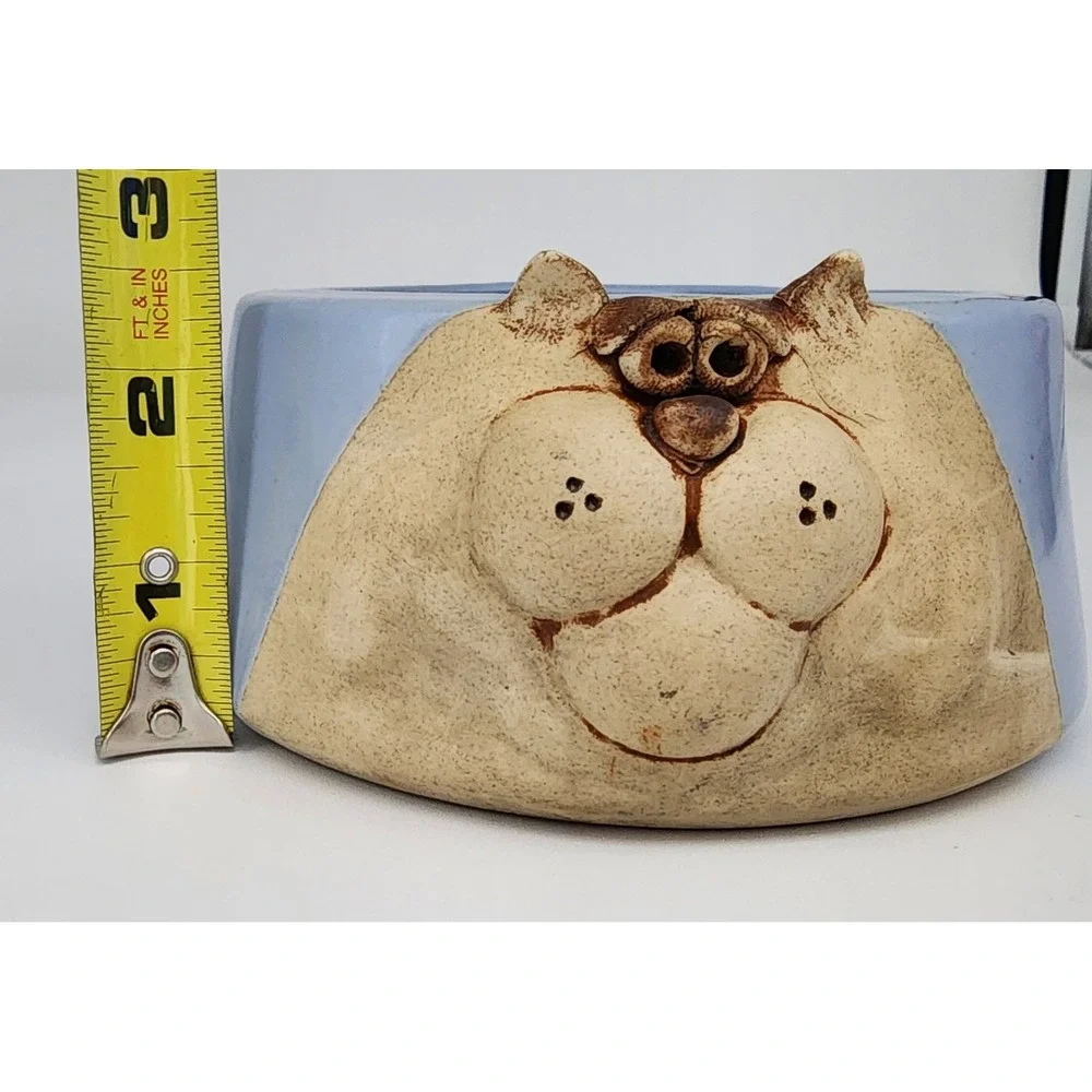Ceramic Cat Face Pet Bowl Small Blue Tan Whimsical 3D Relief Studio Pottery